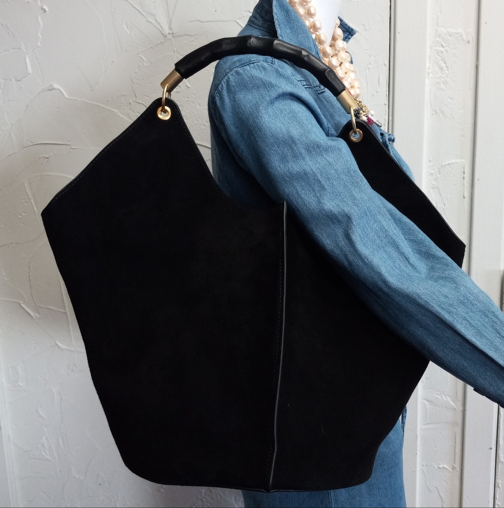 J.McLaughlin Large, Black Suede Sanne Top Handle Tote